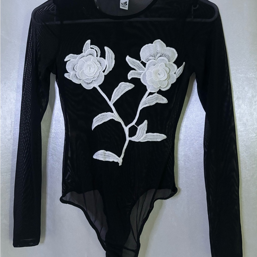 Black Sheer Bodysuit with White Floral Design